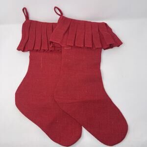 Storehouse Red Set of 2 Pleated Burlap Stockings Holiday Christmas Textured